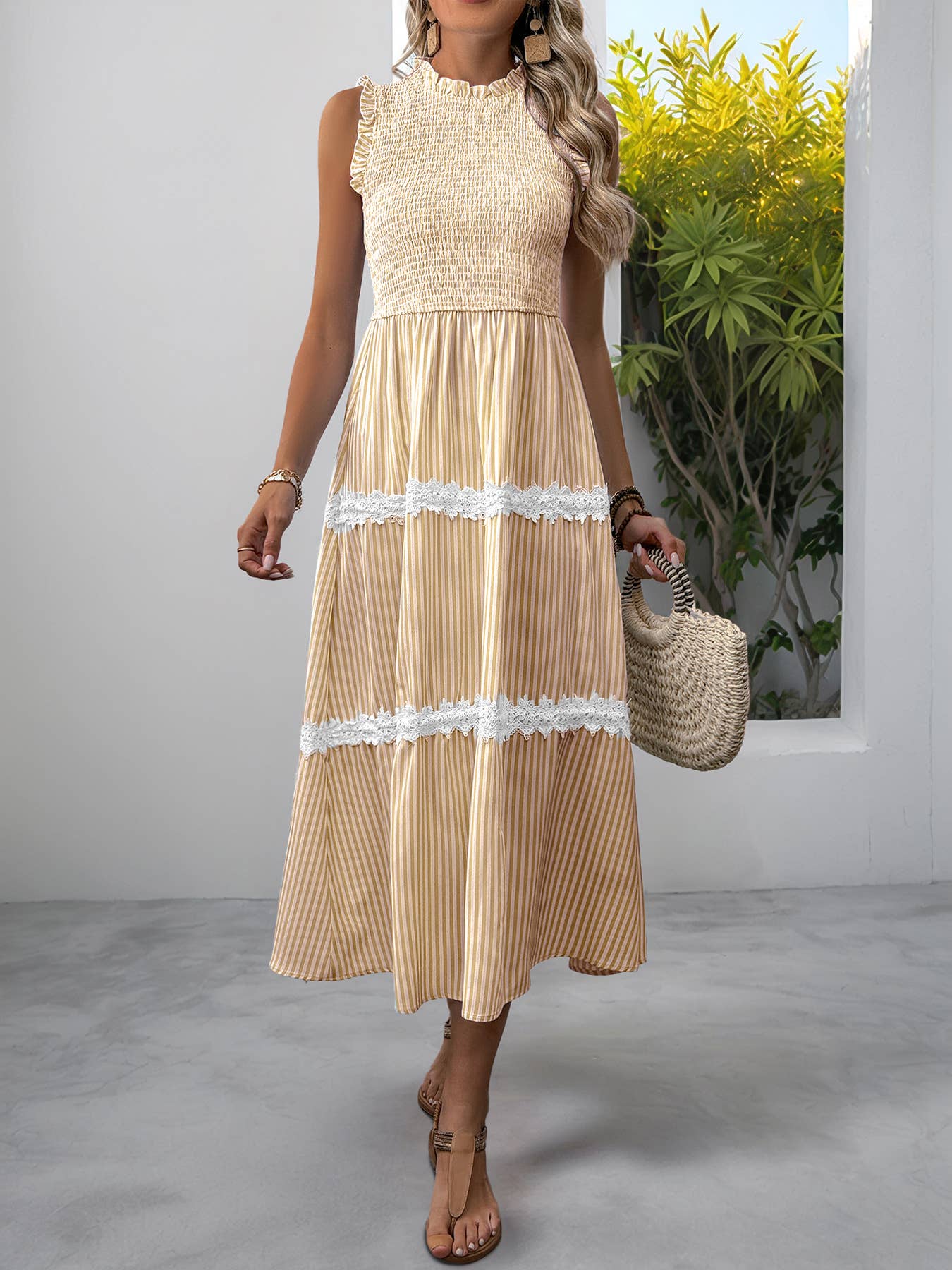 Smocked Ruffle-Strap Striped Midi Dress with Lace