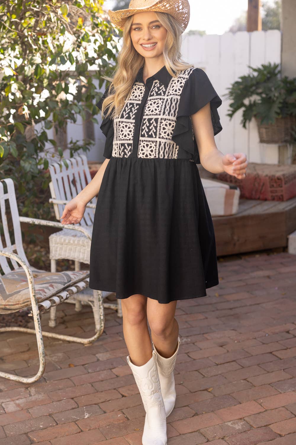 Cotton Lace Ruffle Sleeve Shirt Dress