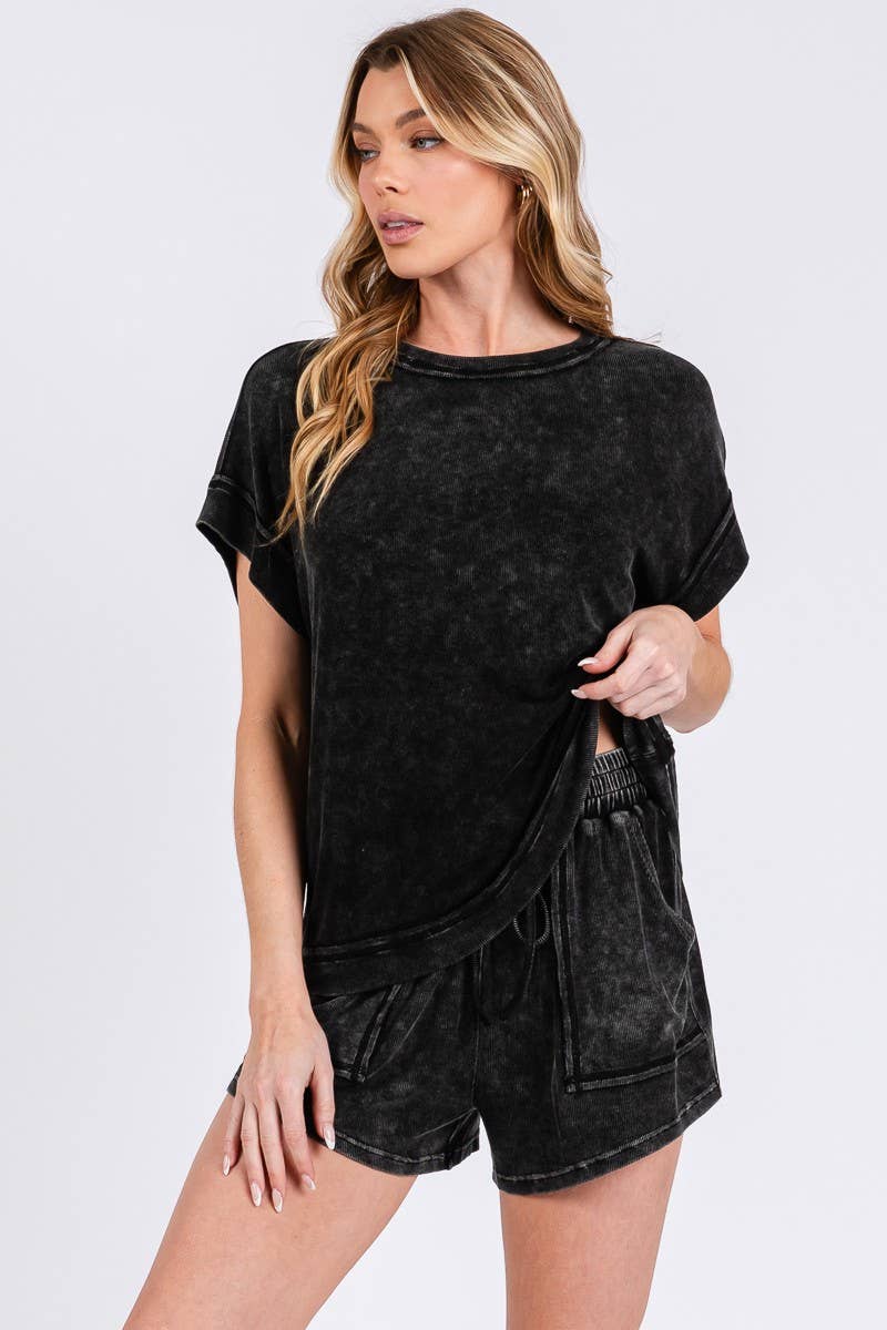 MINERAL WASHED TOP AND SHORTS RIB SET