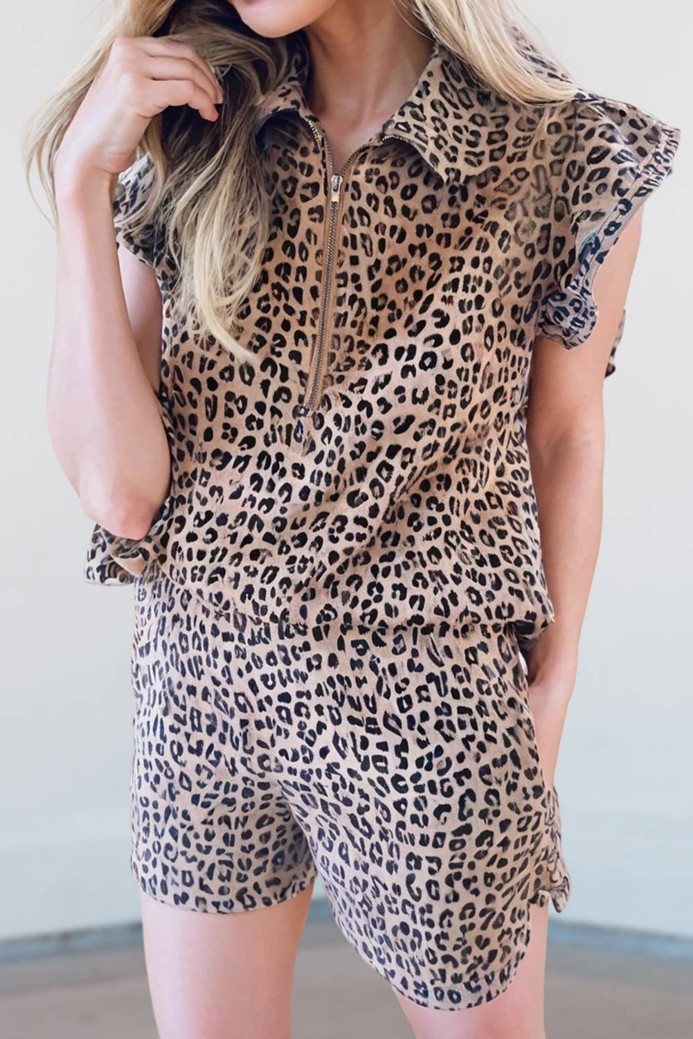 Leopard Ruffled Sleeve Top and Short Set