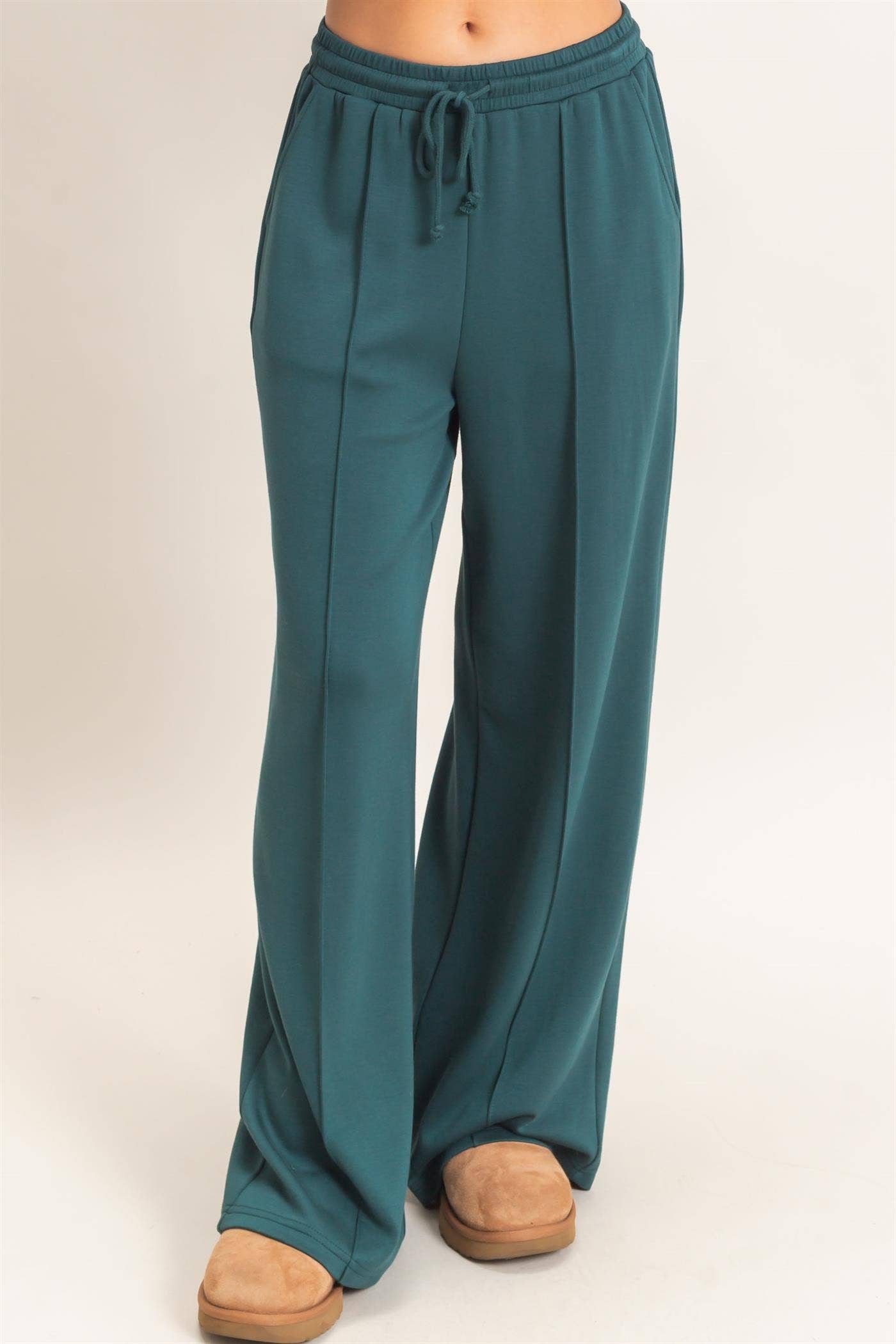 Drawstring Waist Pintuck Wide Leg Pants