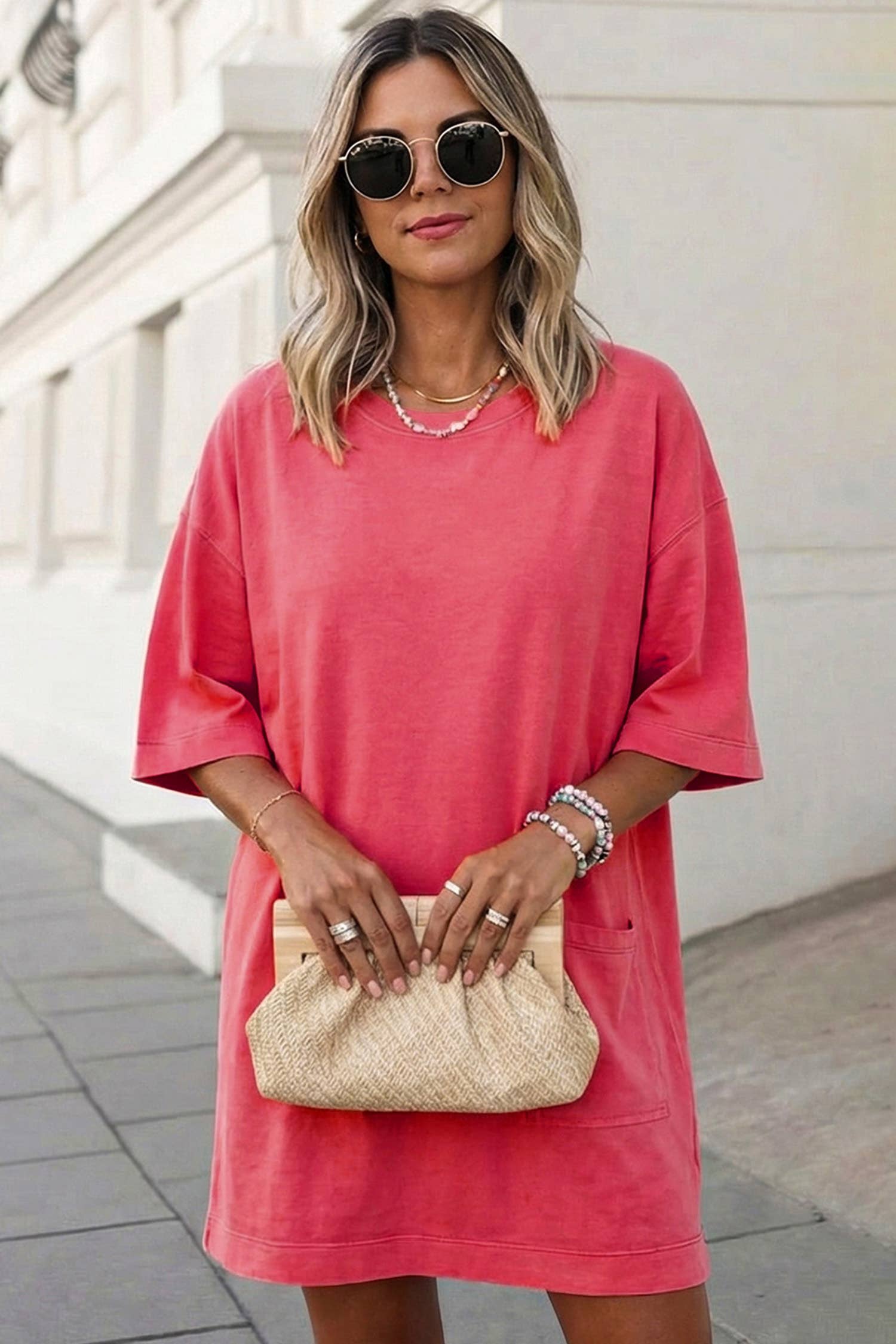 Solid Drop Shoulder Loose T Shirt Mini Dress