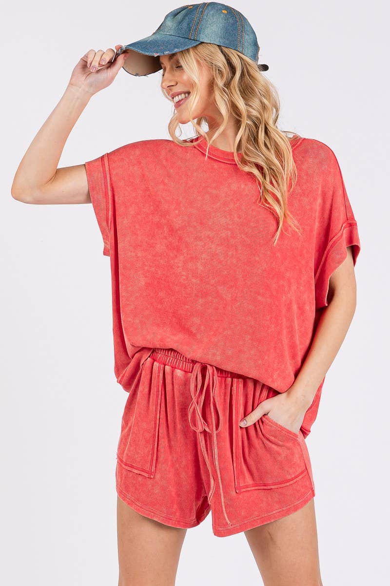 MINERAL WASHED TOP AND SHORTS RIB SET