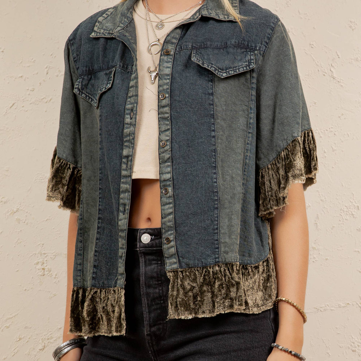 Boho Denim Ruffle Hem Button Down Top