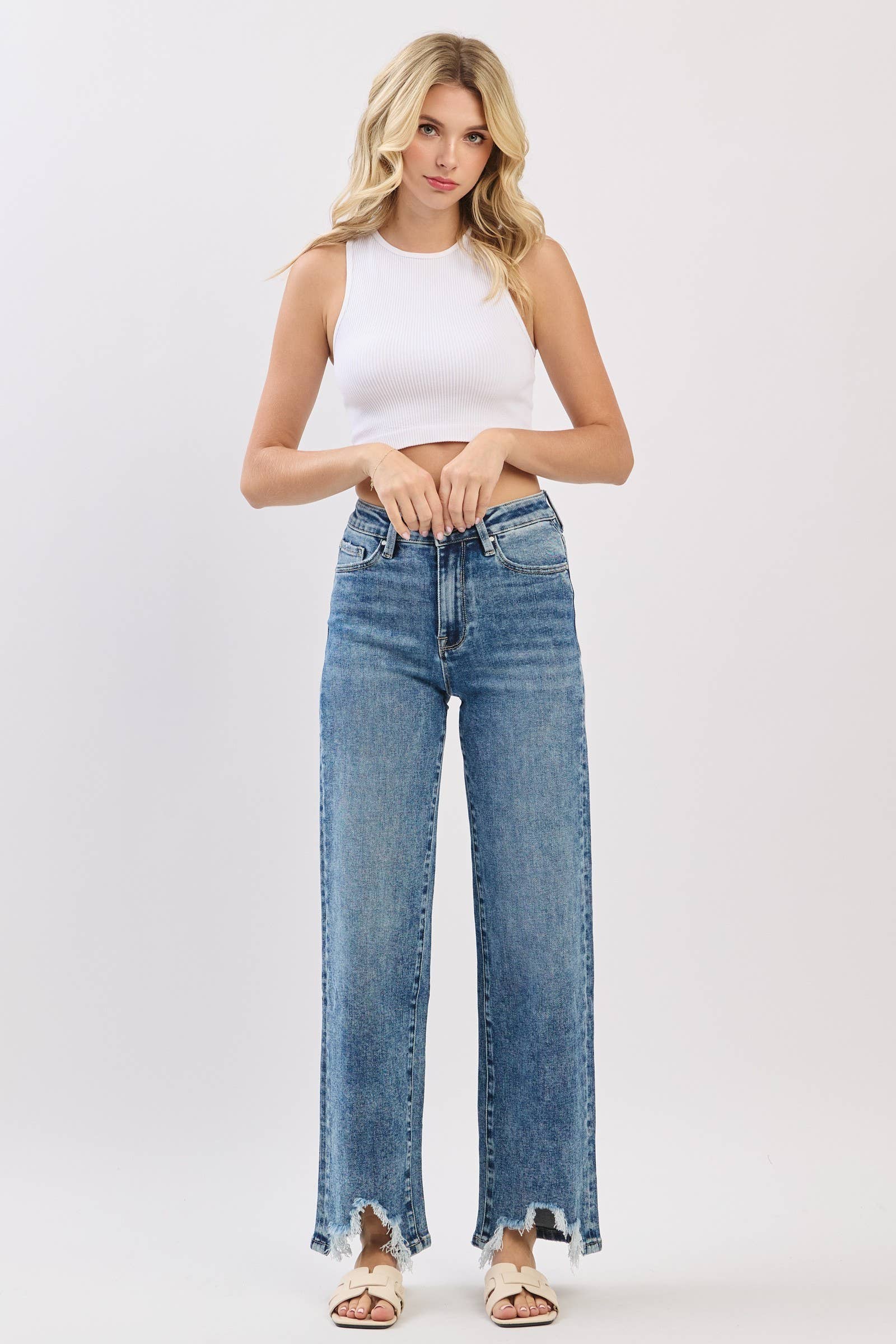 MA HIGH RISE SLIM WIDE LEG W/ DESTROYED HEM JEANS