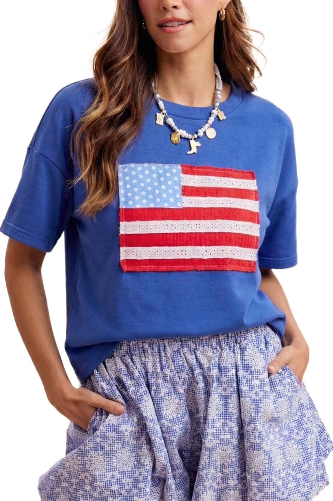 4th Of July American Flag Applique Relaxed T-shirt