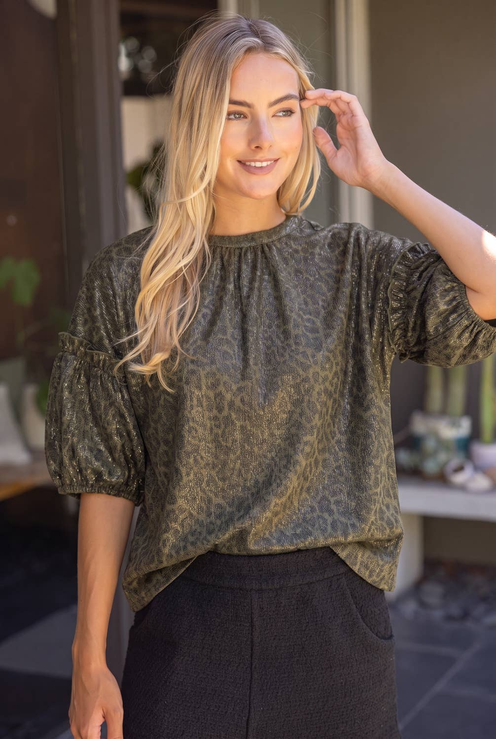 Ruffle Puff Sleeve Metallic Animal Print Top