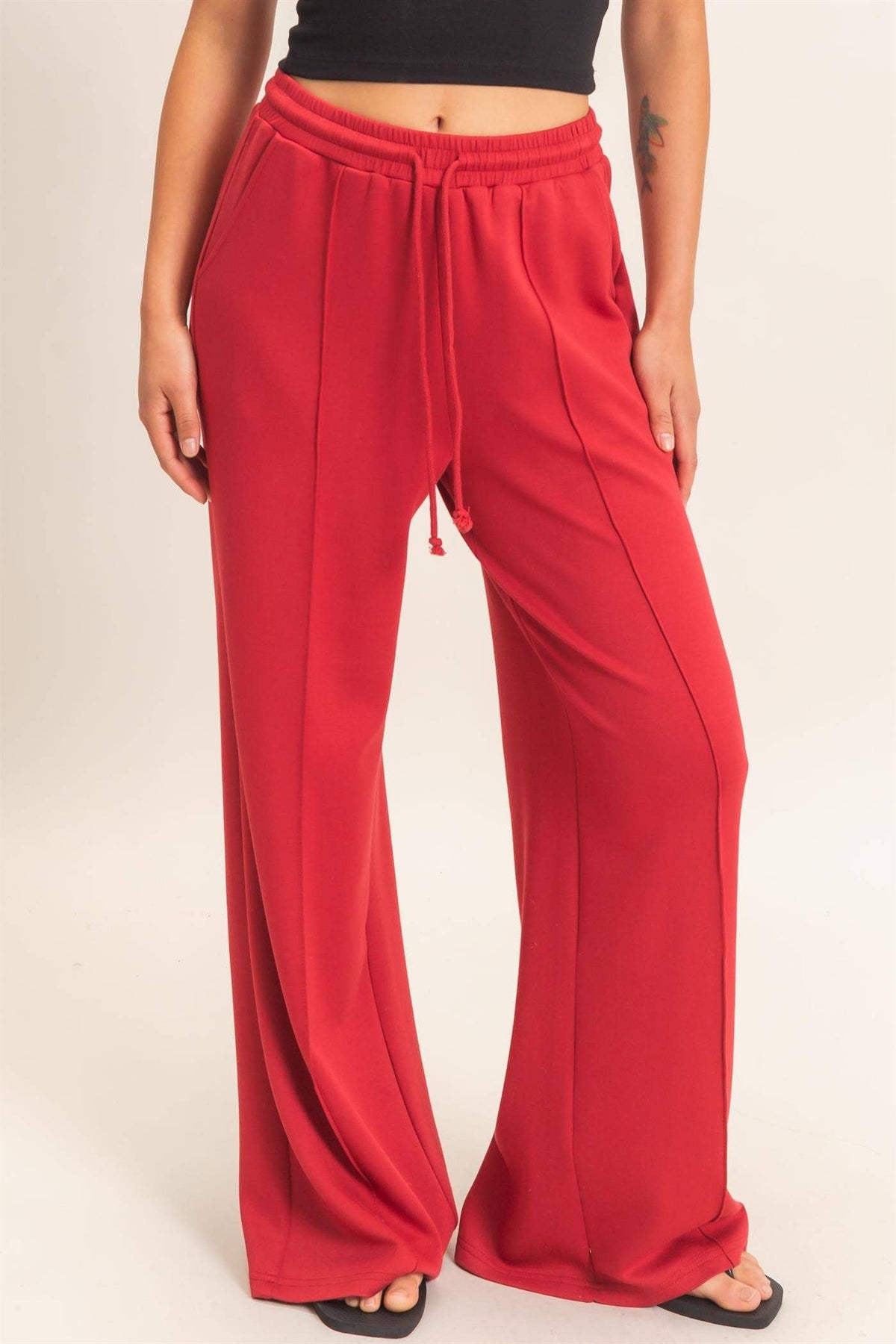 Drawstring Waist Pintuck Wide Leg Pants