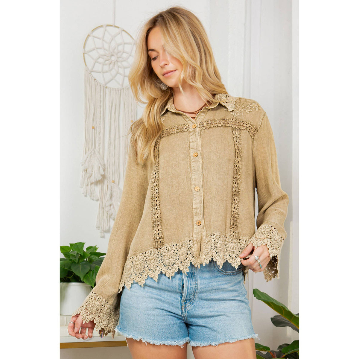 Artisan Boho Lace Trim Button-Front Blouse Top