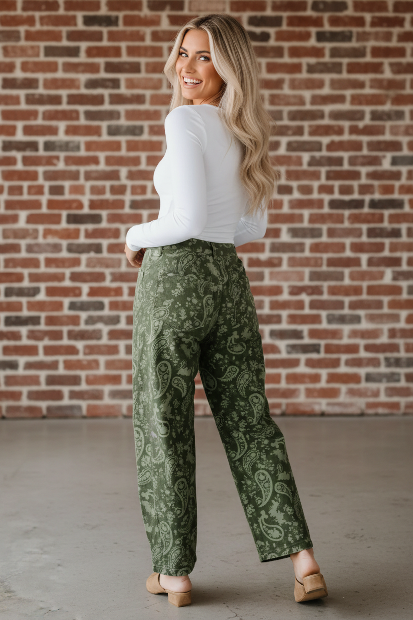 Paisley Denim High Waist Barrel Leg Pants