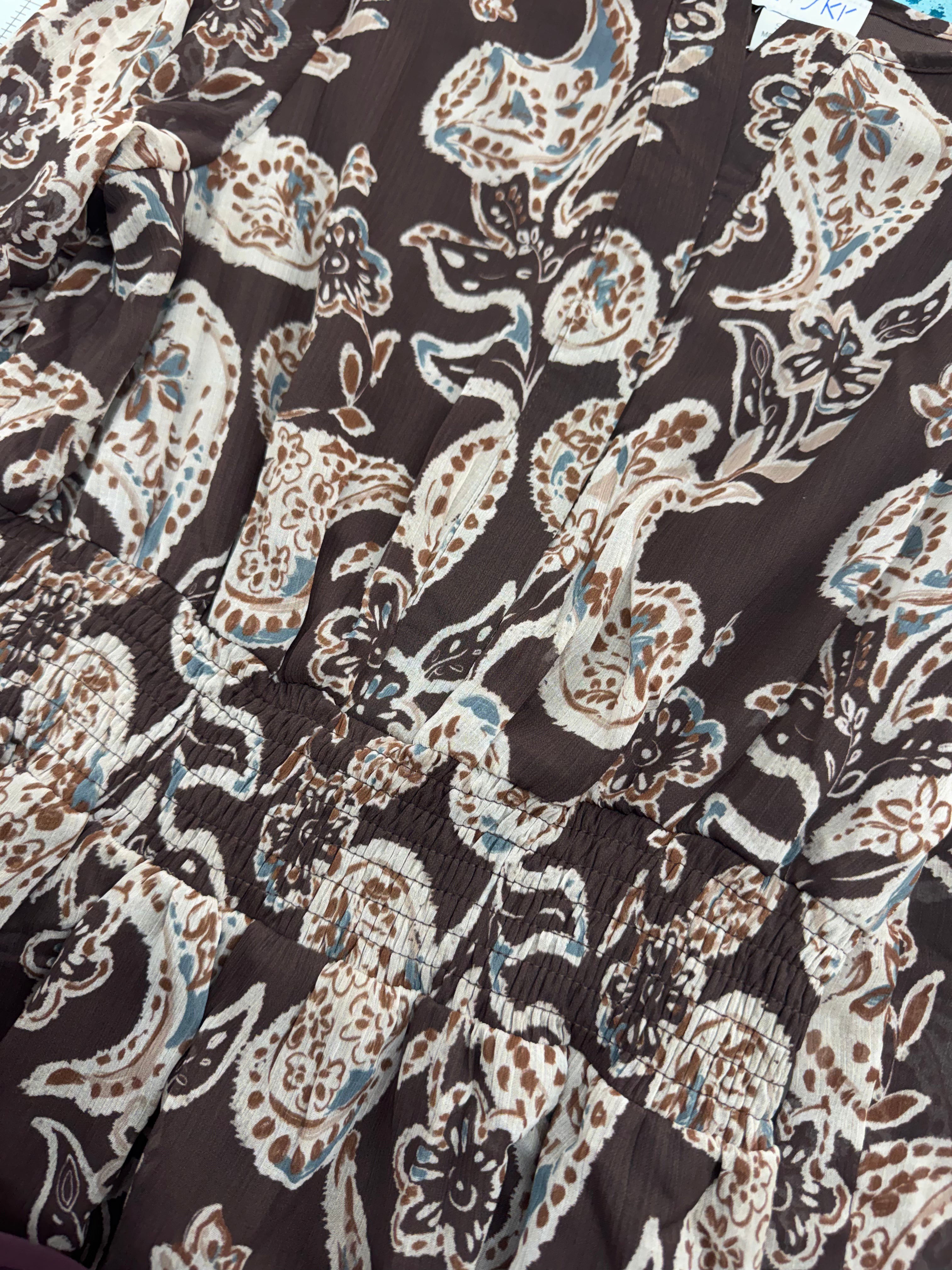 WOVEN CHIFFON PRINT WAIST SMOCKED MINI DRESS LS WITH POCKETS