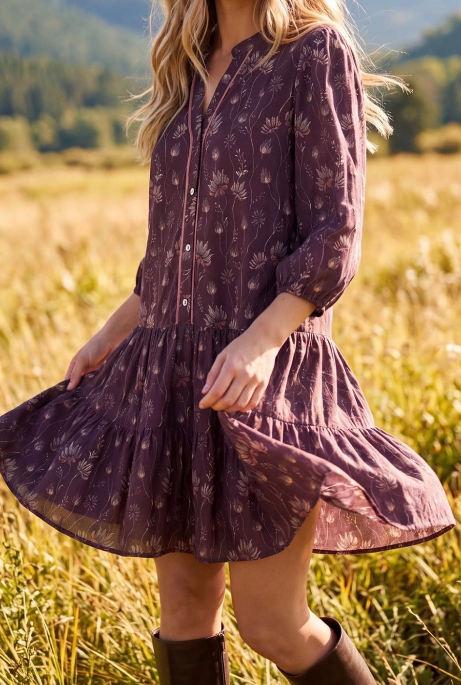 3/4 Sleeve Print Button Down Dress