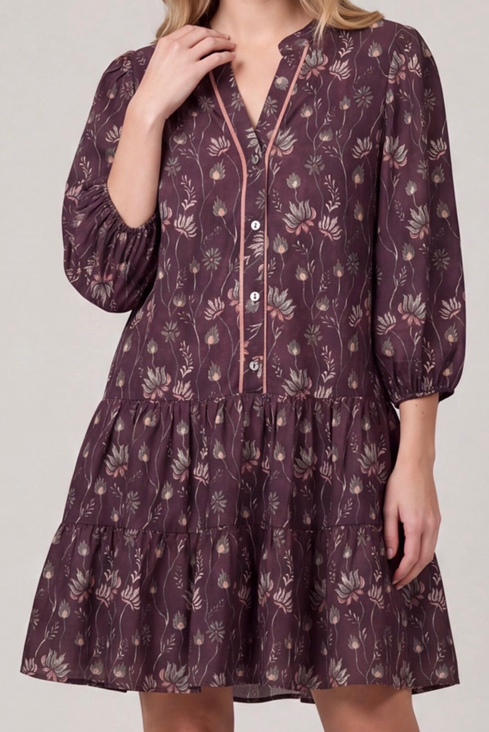 3/4 Sleeve Print Button Down Dress