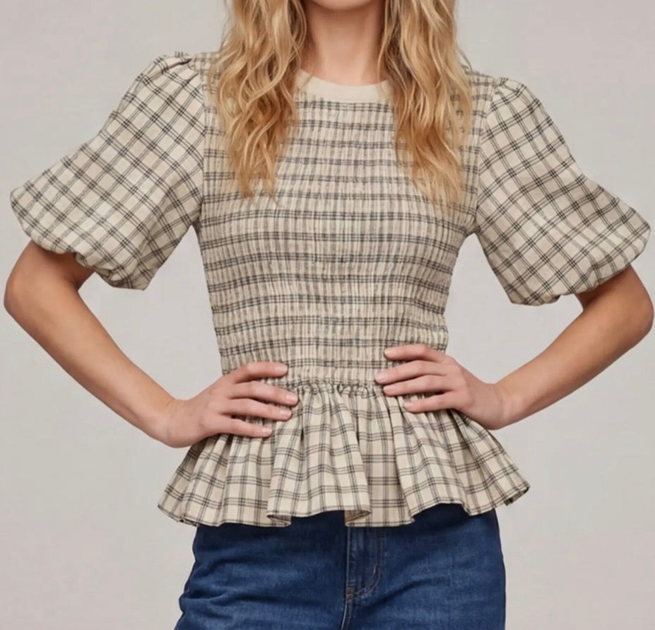 Puff Sleeve Woven Plaid Smocked Peplum Top