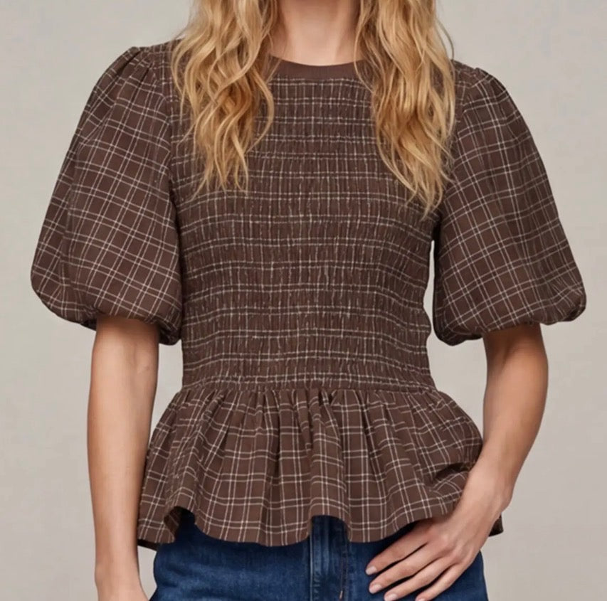 Puff Sleeve Woven Plaid Smocked Peplum Top